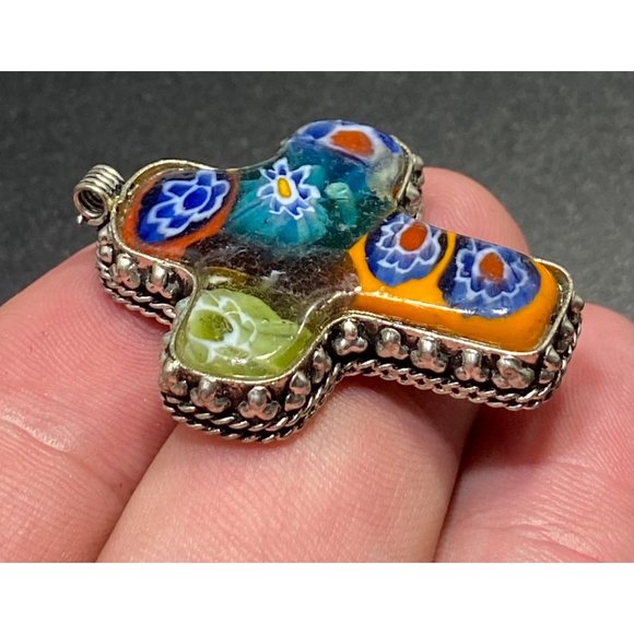 Vintage Murano Art Glass 925 Cross Pendant Italian Puffy Fine - Picture 3 of 7